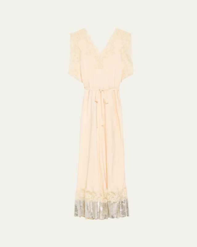 Lace Drawstring Metallic Hem Dress